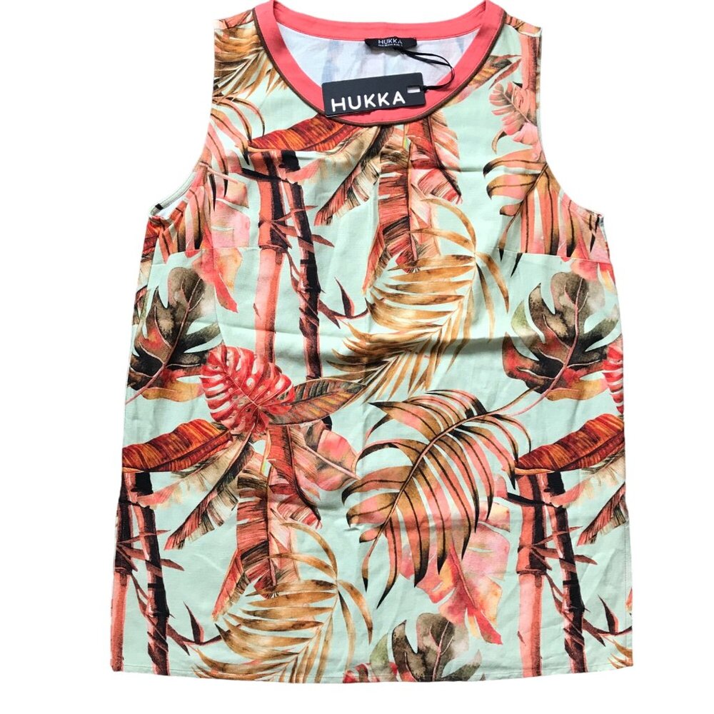 Hukka Tropical Leaf Sleeveless Blouse‎ Women's Size 10 Viscose, Linen Blend NEW